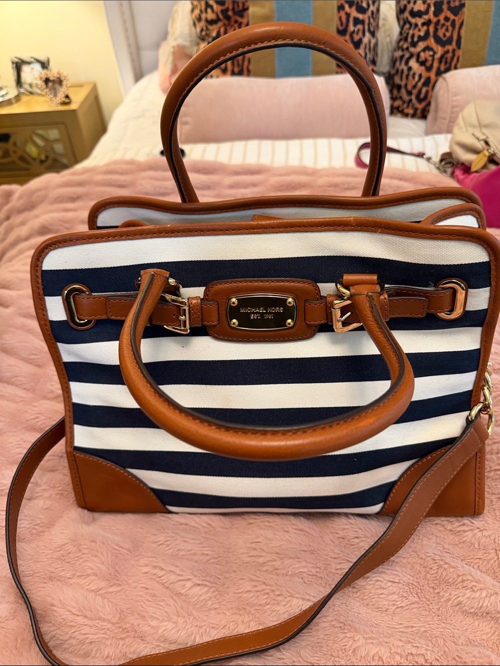 Michael Kors Navy & White Striped Satchel with Brown Leather Trim